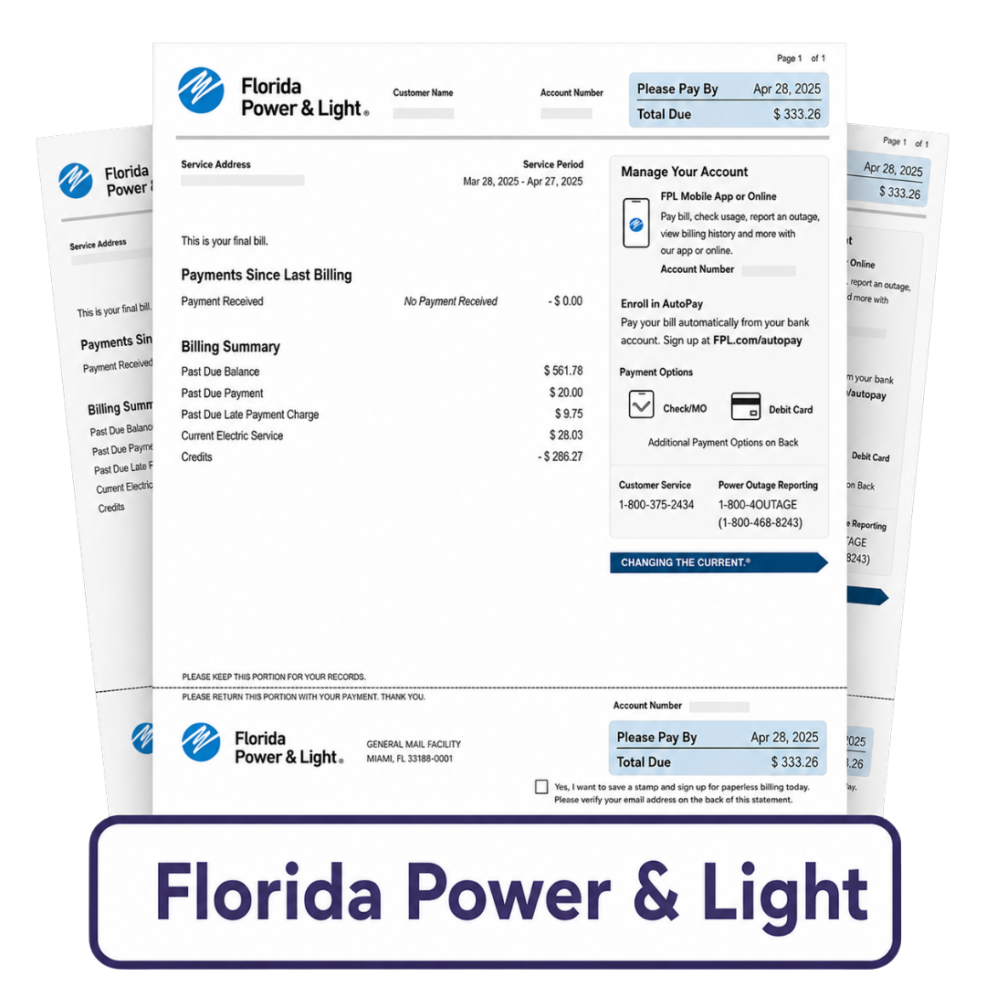 Sample Florida Power & Light bill
