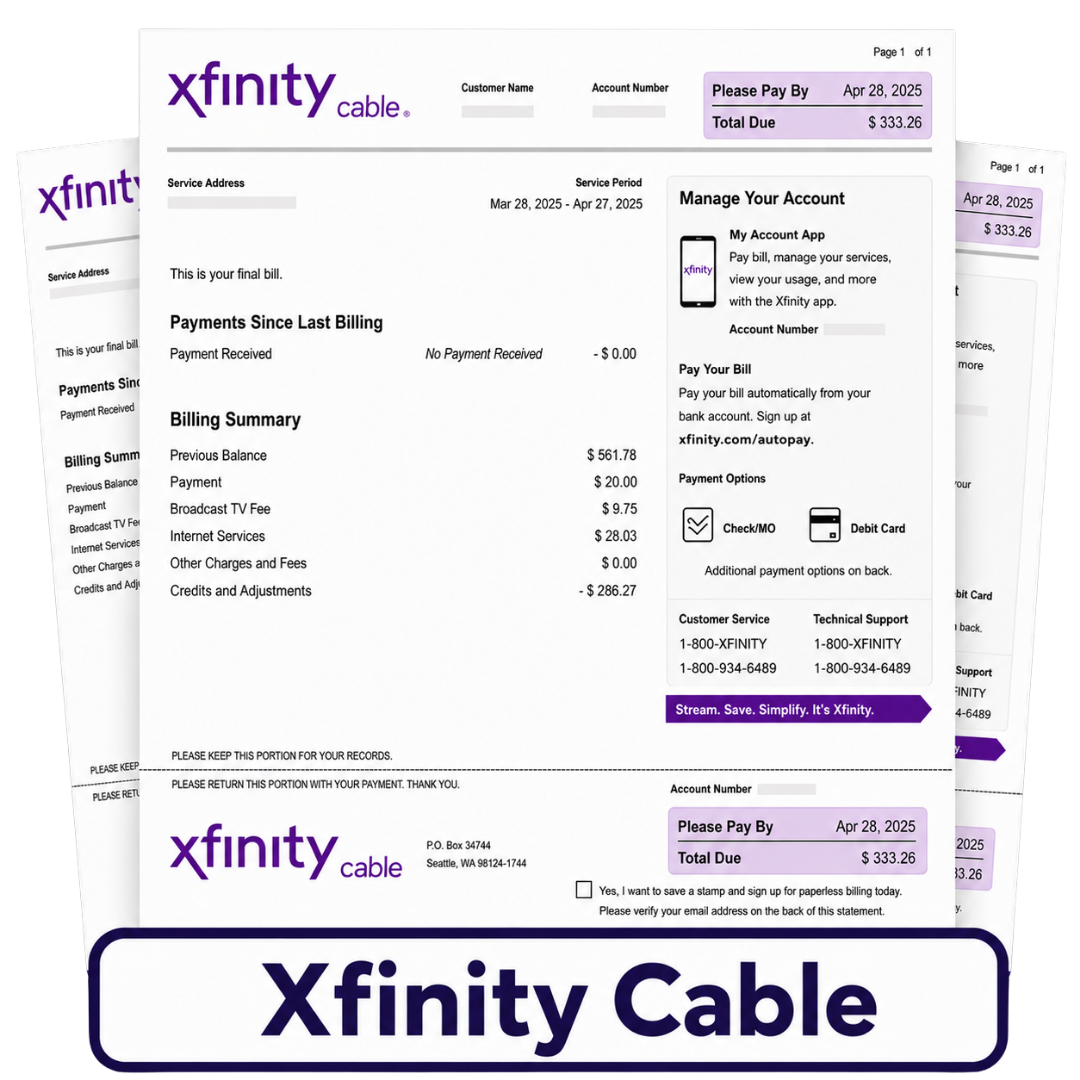 Sample Xfinity Cable bill